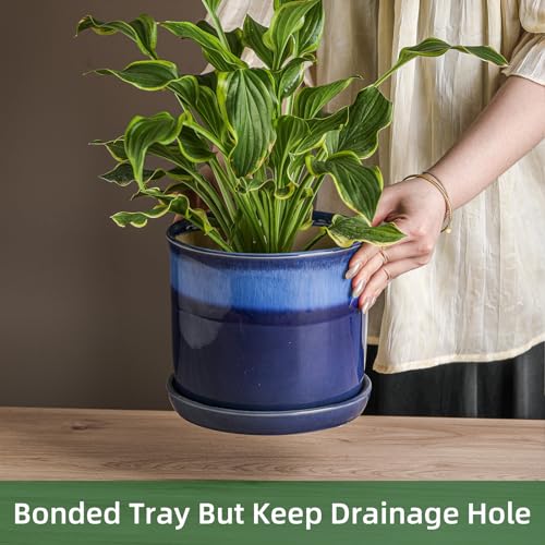 8 Inch Ceramic Planter Pot with Drainage Hole & Saucer Blue Reactive Glaze B4610