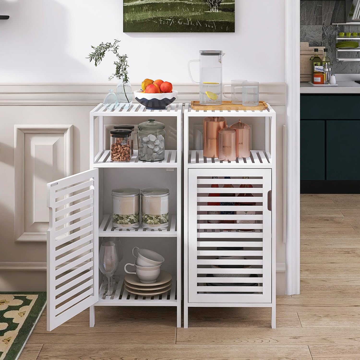 White Freestanding Bamboo Floor Cabinet with Adjustable Shelves and 4 Hooks K869243