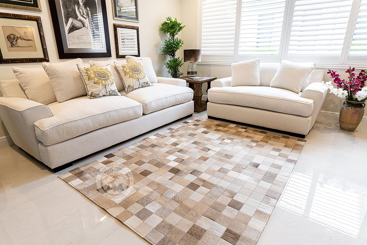 100% Genuine Patchwork Cowhide Rug - Taupe-Champagne, Medium (4x6 Ft.) F466