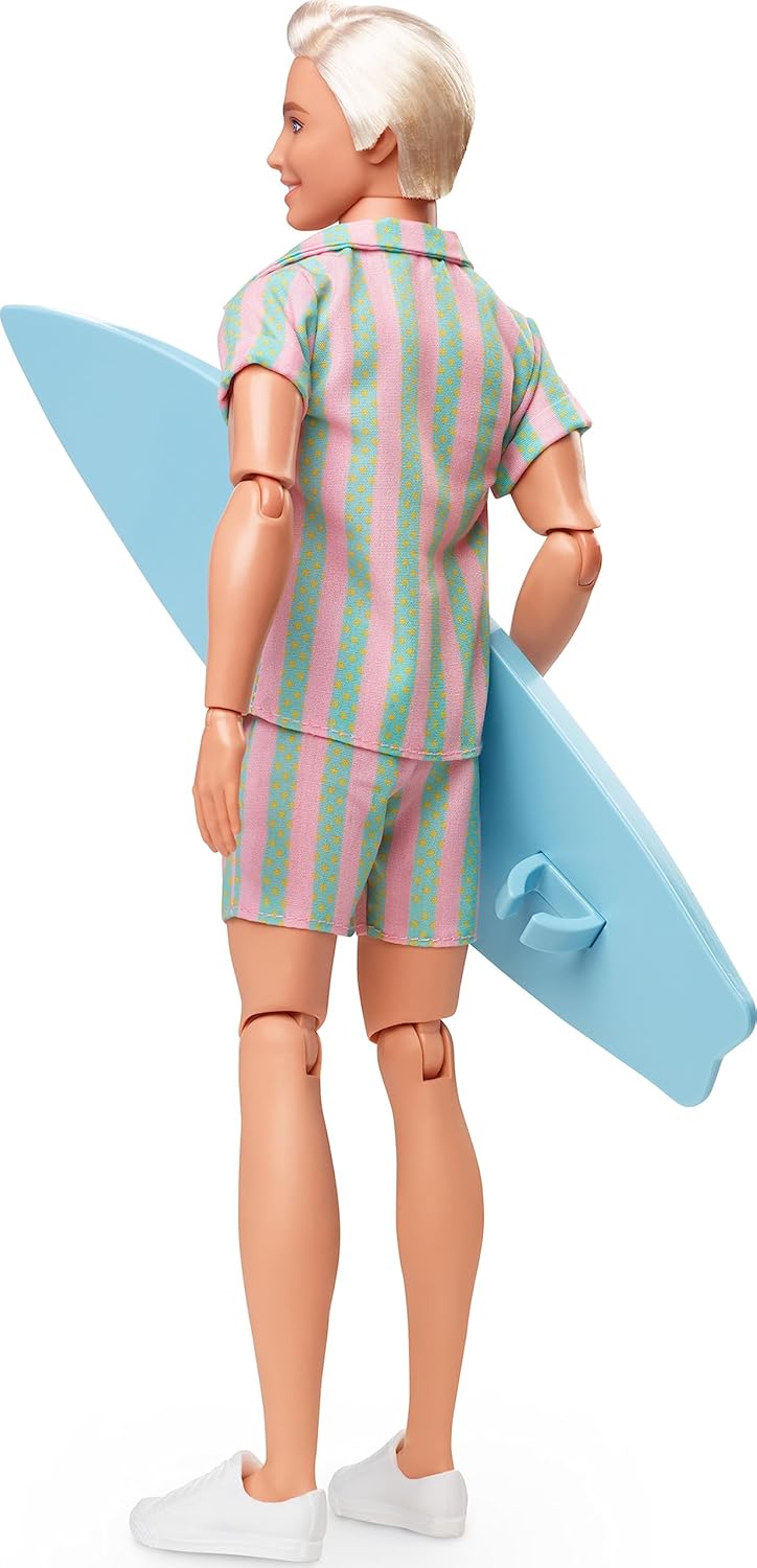 Ken Doll wearing Pastel Pink & Green Striped Beach Matching Set with Surfboard & White Sneakers S4005