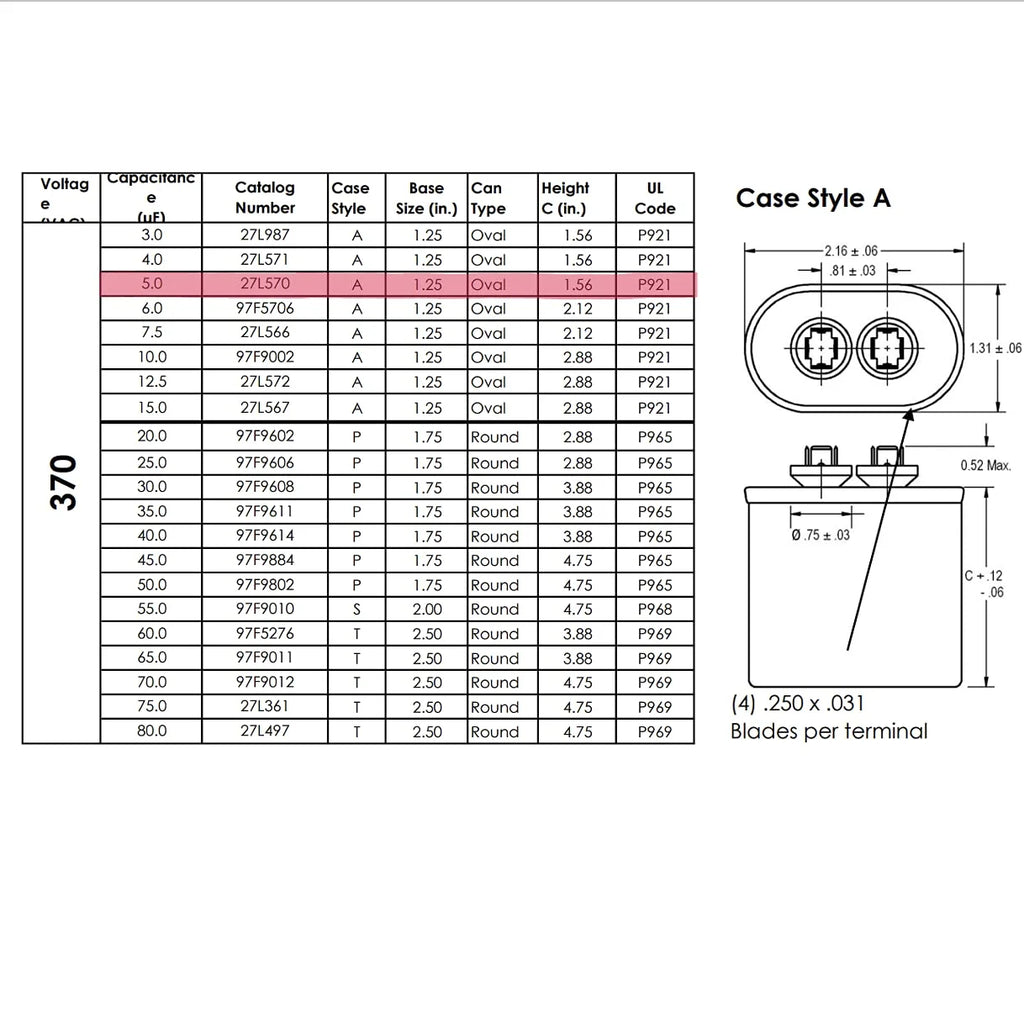 Oval 5 uf MFD 370 Volt Run Capacitor B50245