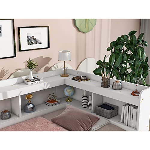 Grey Full Size Wooden Platform Bed with Two Storage Drawers and L-Shaped Bookcase F3796