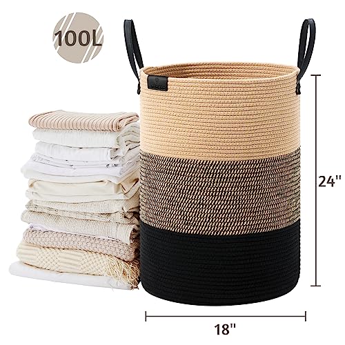 Small Laundry Basket with Leather Handle, Woven Rope Storage Basket, 30L Brown & White G207863