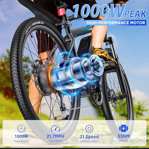 26'' 1000W Peak Electric Mountain Bike with 48V 374.4WH Removable Battery, 21-Speed D280