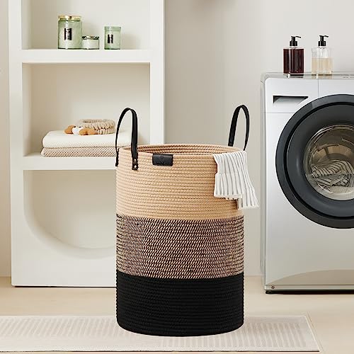 Small Laundry Basket with Leather Handle, Woven Rope Storage Basket, 30L Brown & White G207863