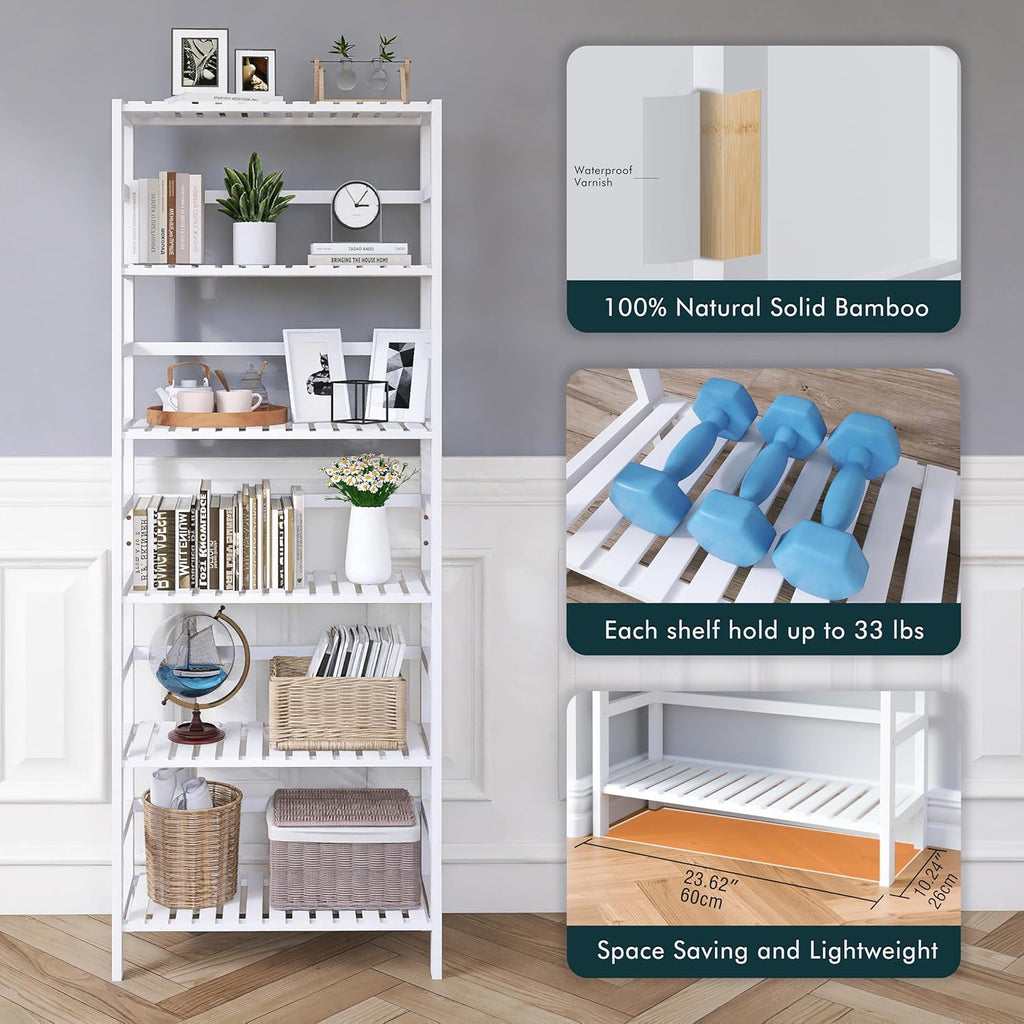 White Freestanding Bamboo Floor Cabinet with Adjustable Shelves and 4 Hooks K869243