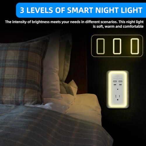 3-Sided Wall Charger Surge Protector with Night Light, 2 USB C and 2 USB Ports O149509