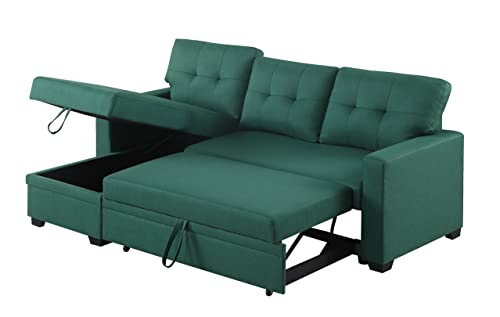 L-Shape Green Linen Sofa with Storage Chaise and Pull-Out Bed P660491