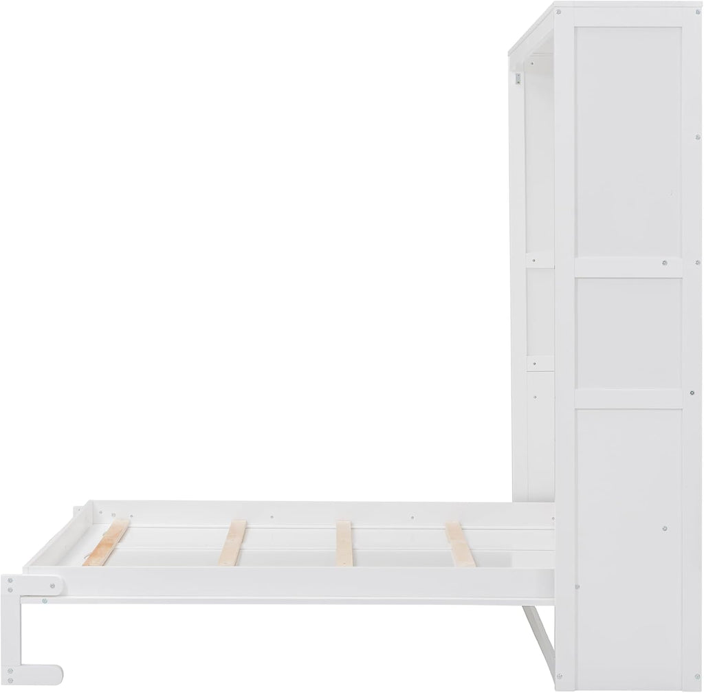 White Full Size Murphy Frame with Cabinet Drawers and Storage Shelves O3218