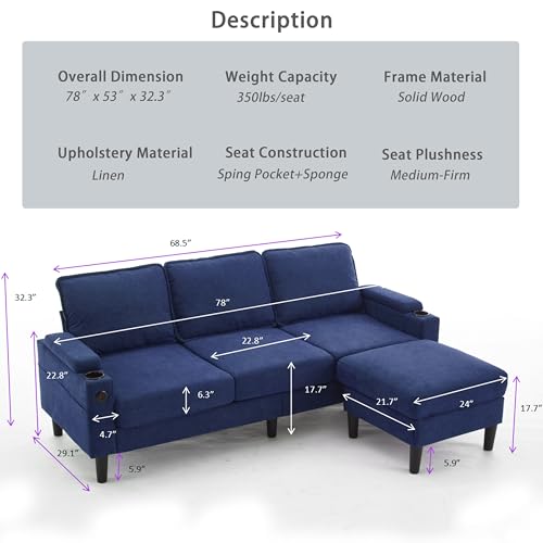 Beige Linen 3 Seat Sectional Sofa with Storage Ottoman F650