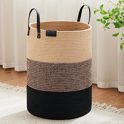 Small Laundry Basket with Leather Handle, Woven Rope Storage Basket, 30L Brown & White G207863