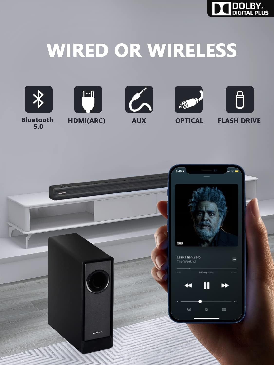 5.1 CH Surround Sound Bar with Dolby Audio, Wireless Subwoofer & Rear Speaker, Bluetooth 5.3 I403660