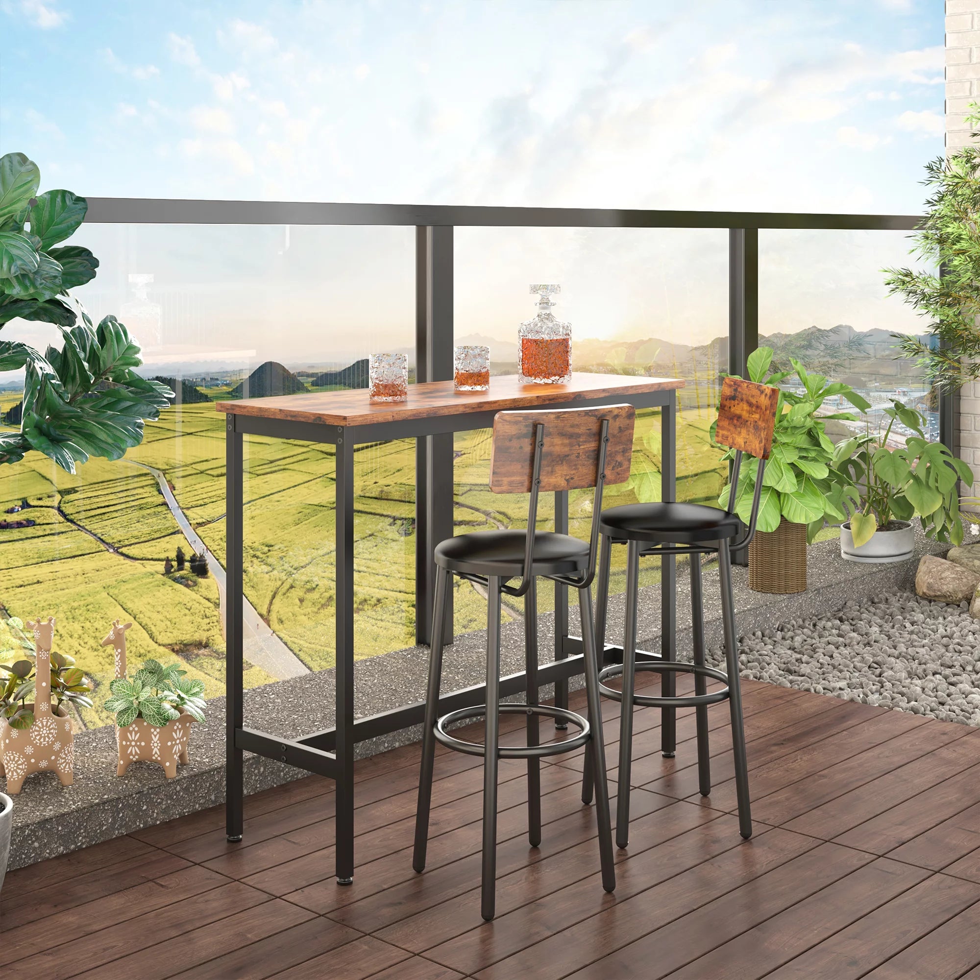 Rustic Brown 3 Pieces Bar Table Set with 2 Stools J7694