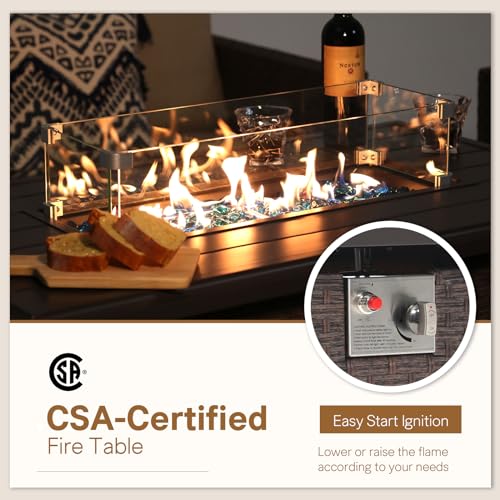 43 Inch Wicker Propane Fire Pit Table with Aluminum Tabletop, Taupe Rattan O7562