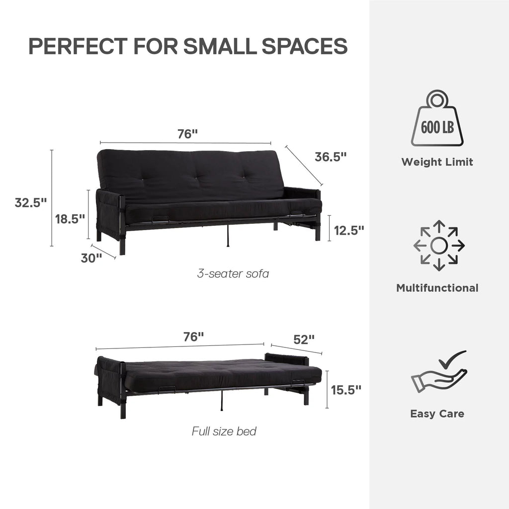 Black Metal Frame Futon Set with Mattress and Storage Pockets O515915
