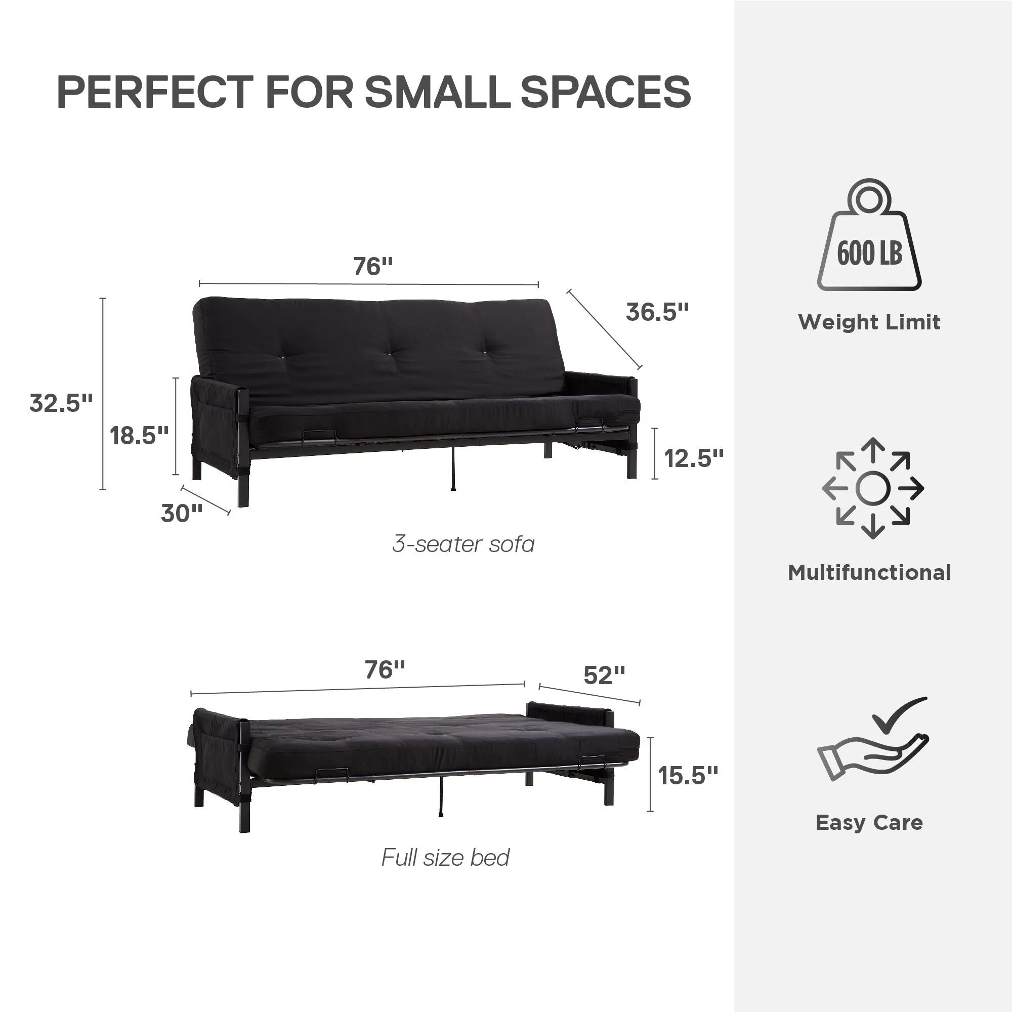 Black Metal Frame Futon Set with Mattress and Storage Pockets O515915