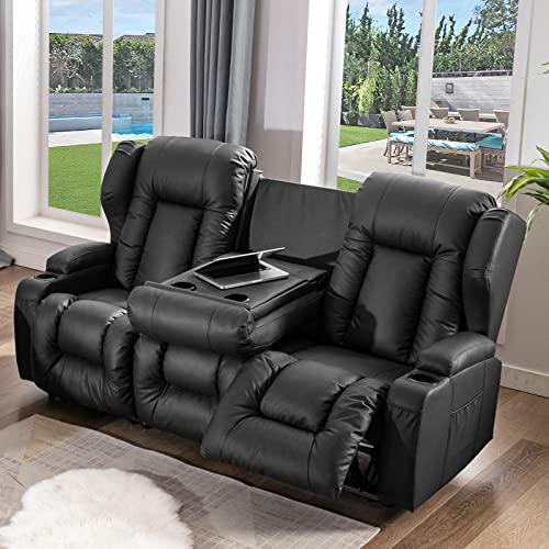 Beige Faux Leather Manual Reclining Loveseat with Console C881425