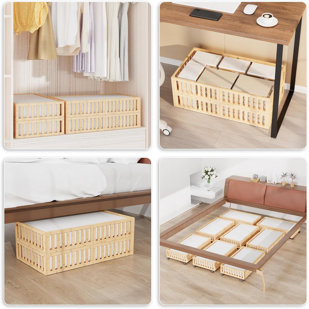 Bamboo Under Bed Storage with Wheels (2-Pack) Rolling Shoe Organizer Box S3944