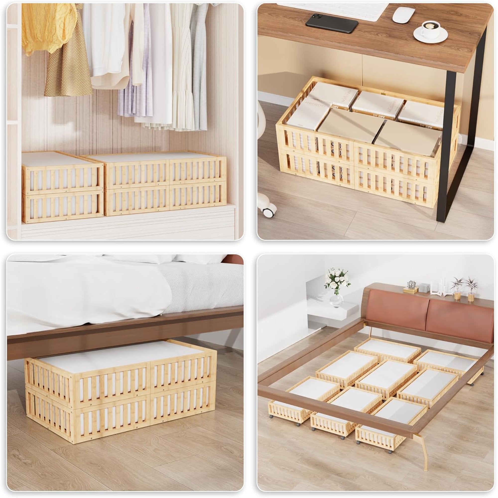Bamboo Under Bed Storage with Wheels (2-Pack) Rolling Shoe Organizer Box S3944
