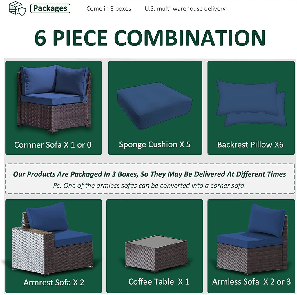 6 Pieces PE Wicker Outdoor Patio Sectional Sofa Set J199171