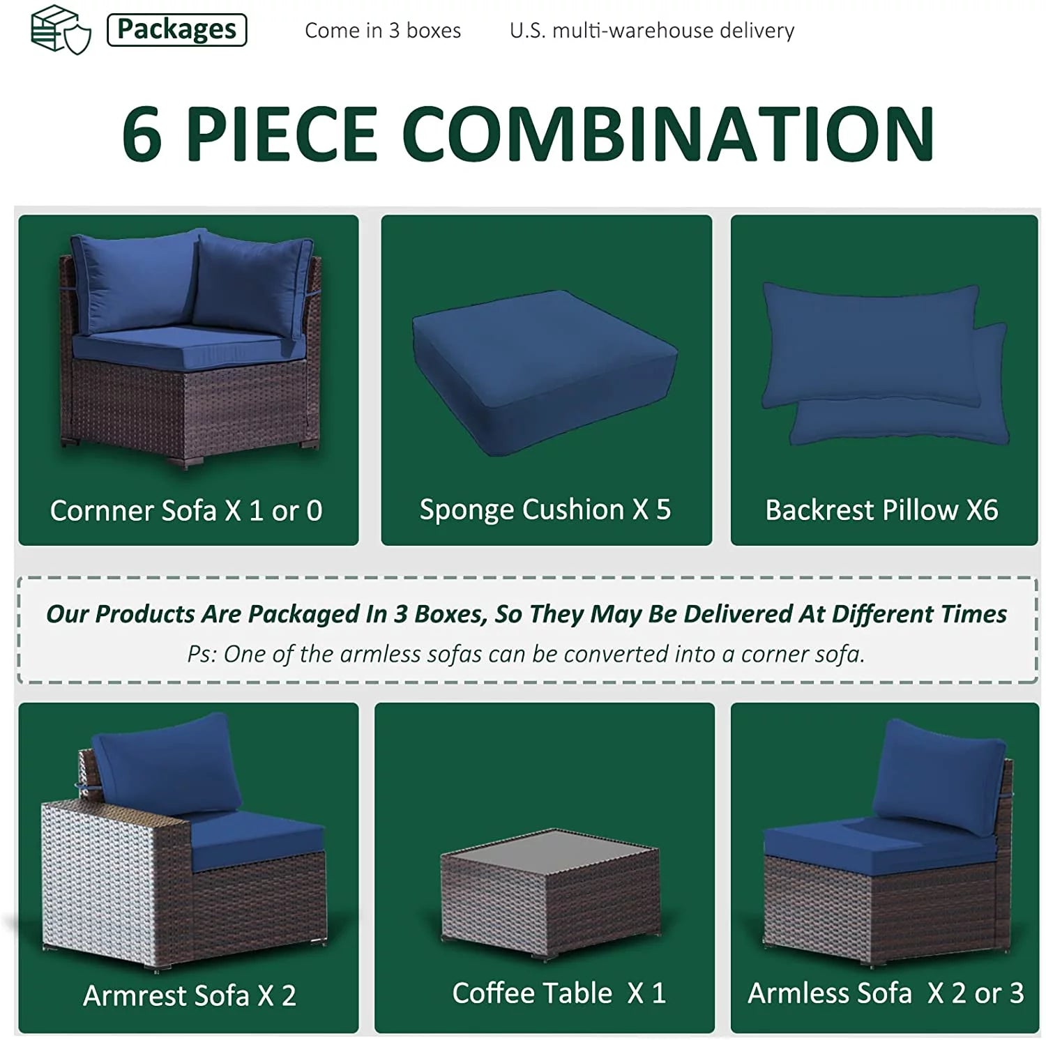 6 Pieces PE Wicker Outdoor Patio Sectional Sofa Set J199171