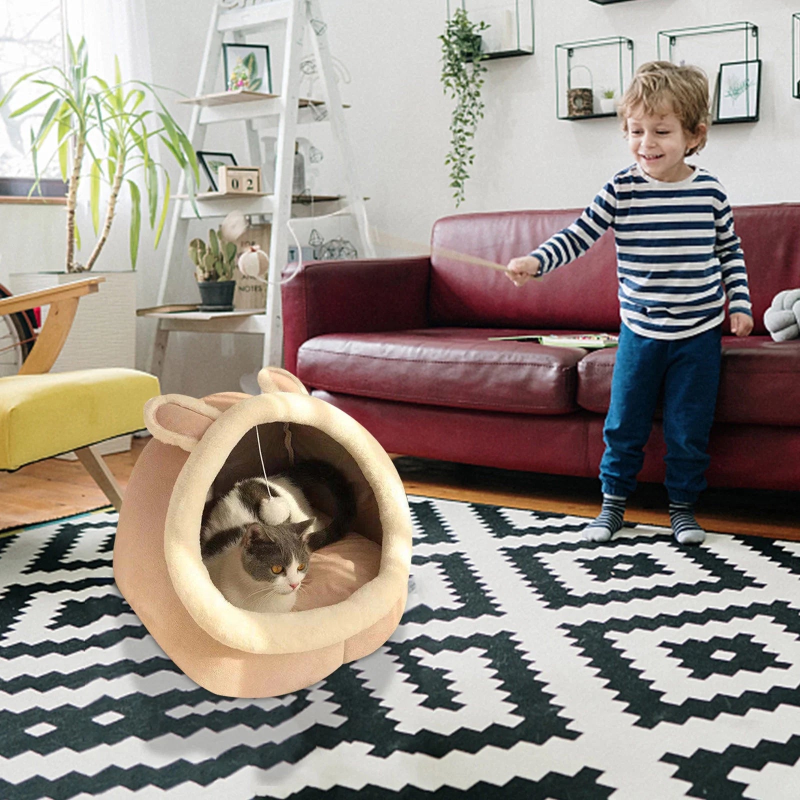 Pink Cotton Cat Bed with Ears Machine Washable D21919