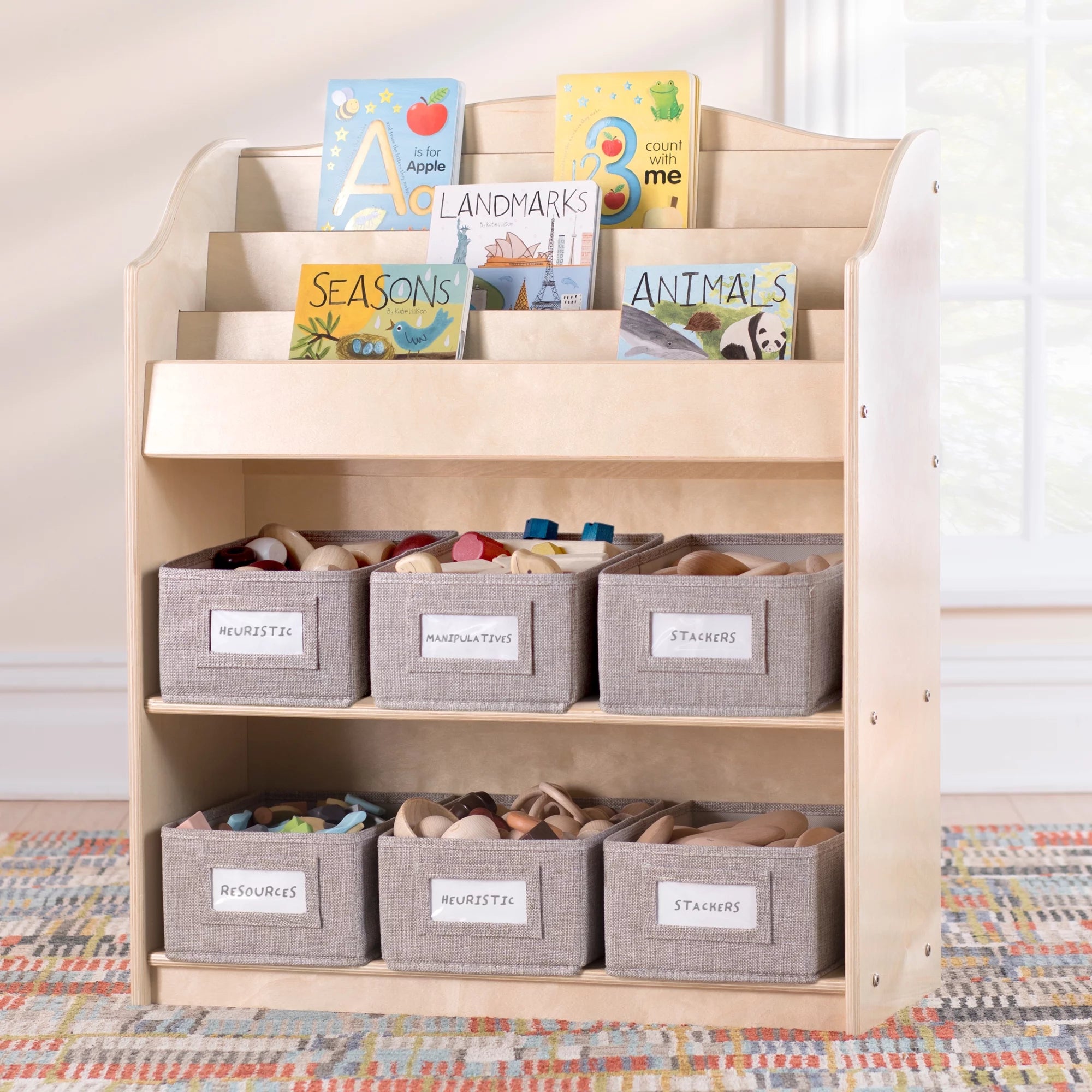 Natural 6 Fabric Storage Bins Book Display and Toy Storage Organizer B43522