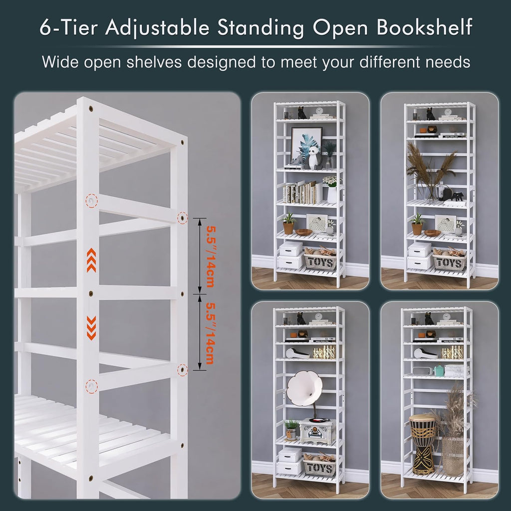 White Freestanding Bamboo Floor Cabinet with Adjustable Shelves and 4 Hooks K869243