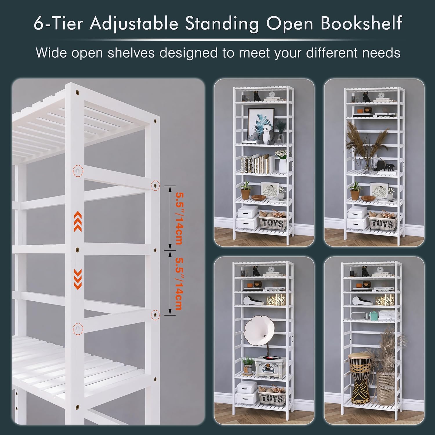 White Freestanding Bamboo Floor Cabinet with Adjustable Shelves and 4 Hooks K869243