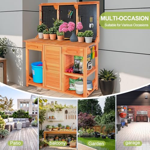 Wooden Potting Bench with Storage Drawer, Cabinet, Metal Pegboard, Adjustable Hooks and Shelves R807071
