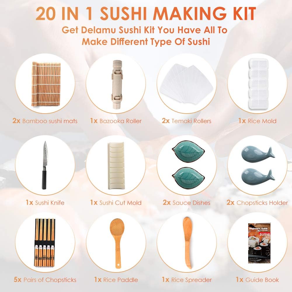 20 in 1 Sushi Making Kit with Chef’s Knife, Bamboo Mats, Rice Mold V139967