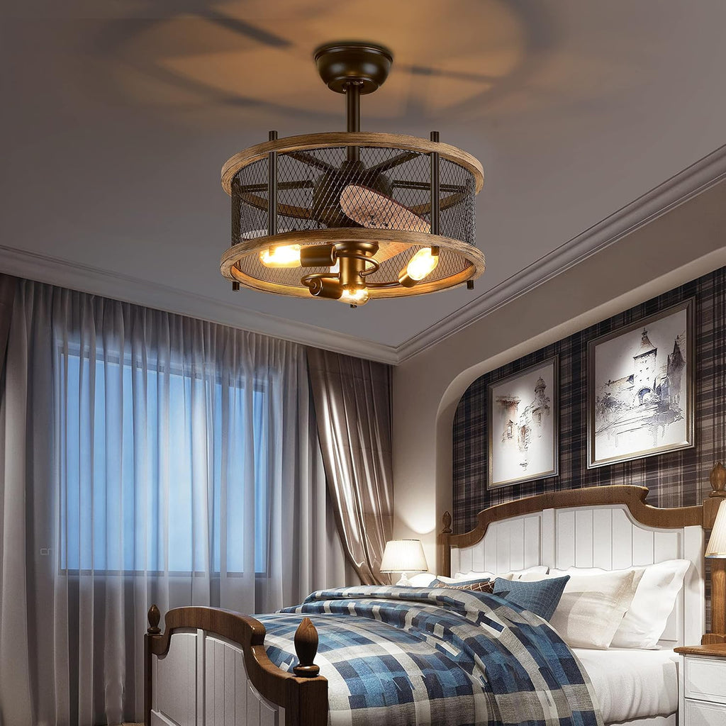 20-inch Industrial Caged Ceiling Fan with Lights Remote Control Y639