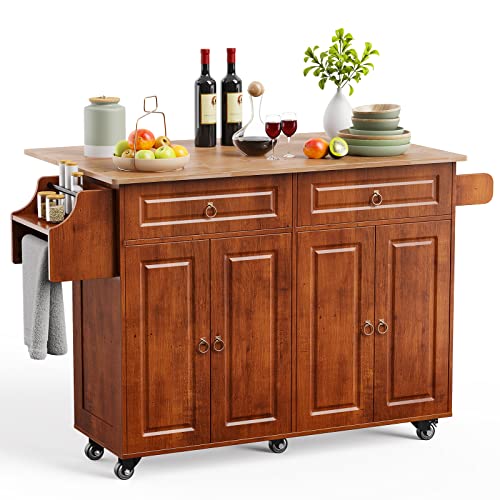 Brown Kitchen Island with Drop Leaf Storage on Wheels U33727