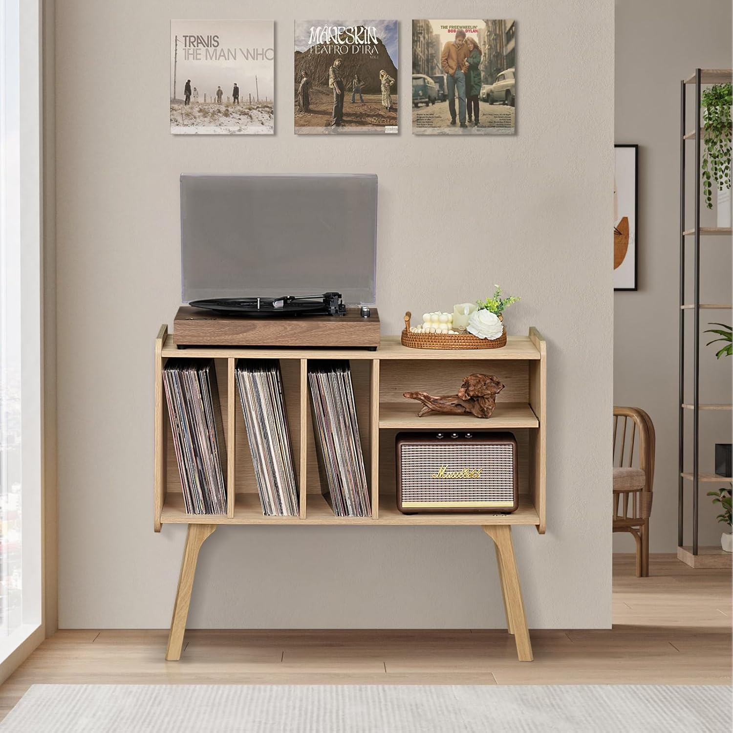 Record Player Stand with 4 Cabinet, Beech Wood Legs, Natural Vinyl Holder Storage Shelf I607278