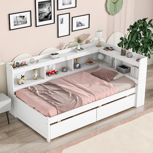 Grey Full Size Wooden Platform Bed with Two Storage Drawers and L-Shaped Bookcase F3796