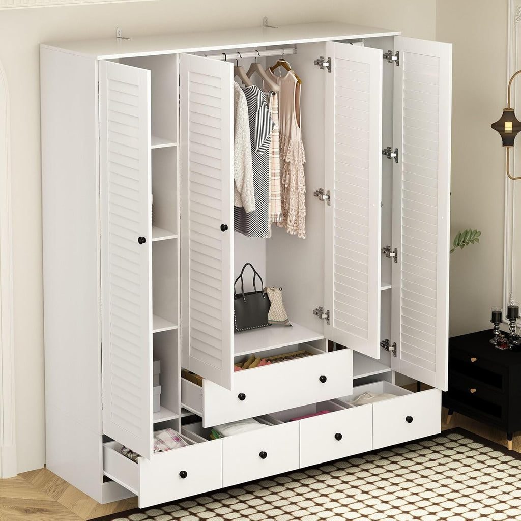 Rustic White Slat Door Wardrobe with 5 Drawers and 4 Doors G809