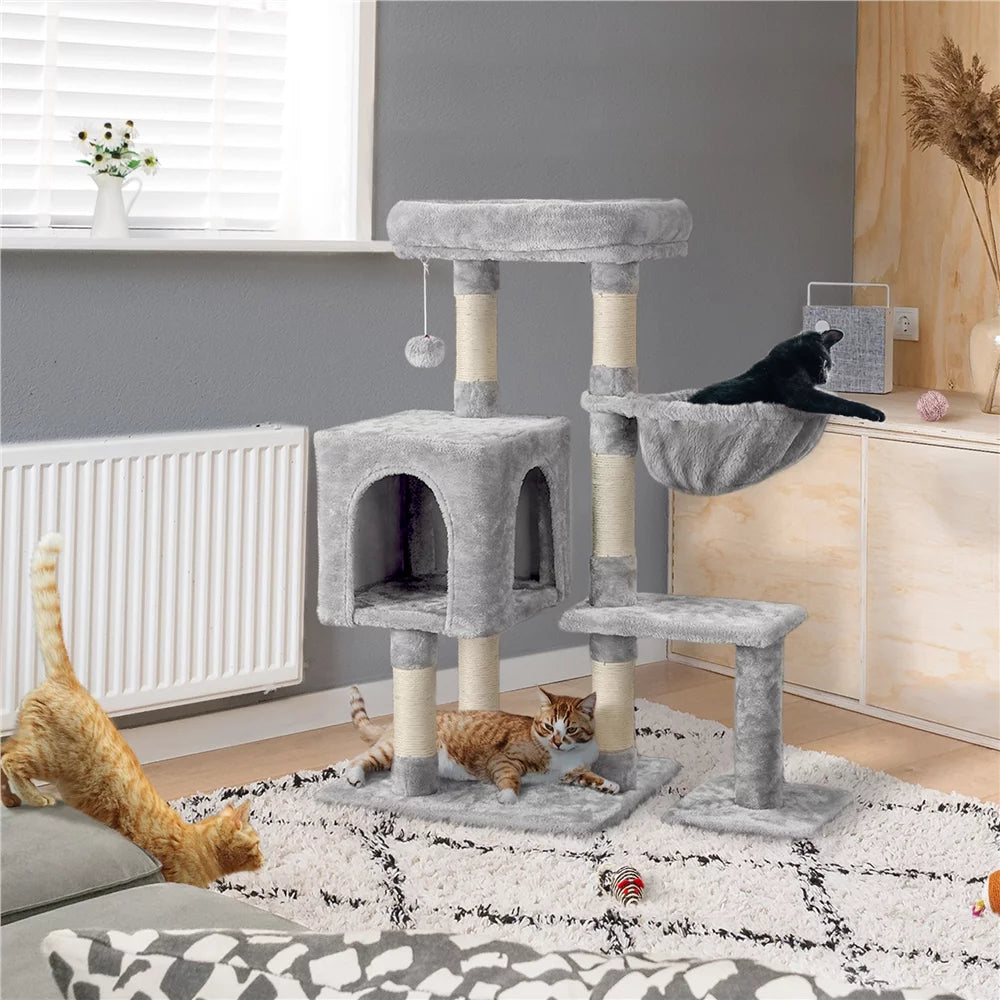 38" Light Gray Cat Tree with Condo Perch Basket Scratchers Y94076
