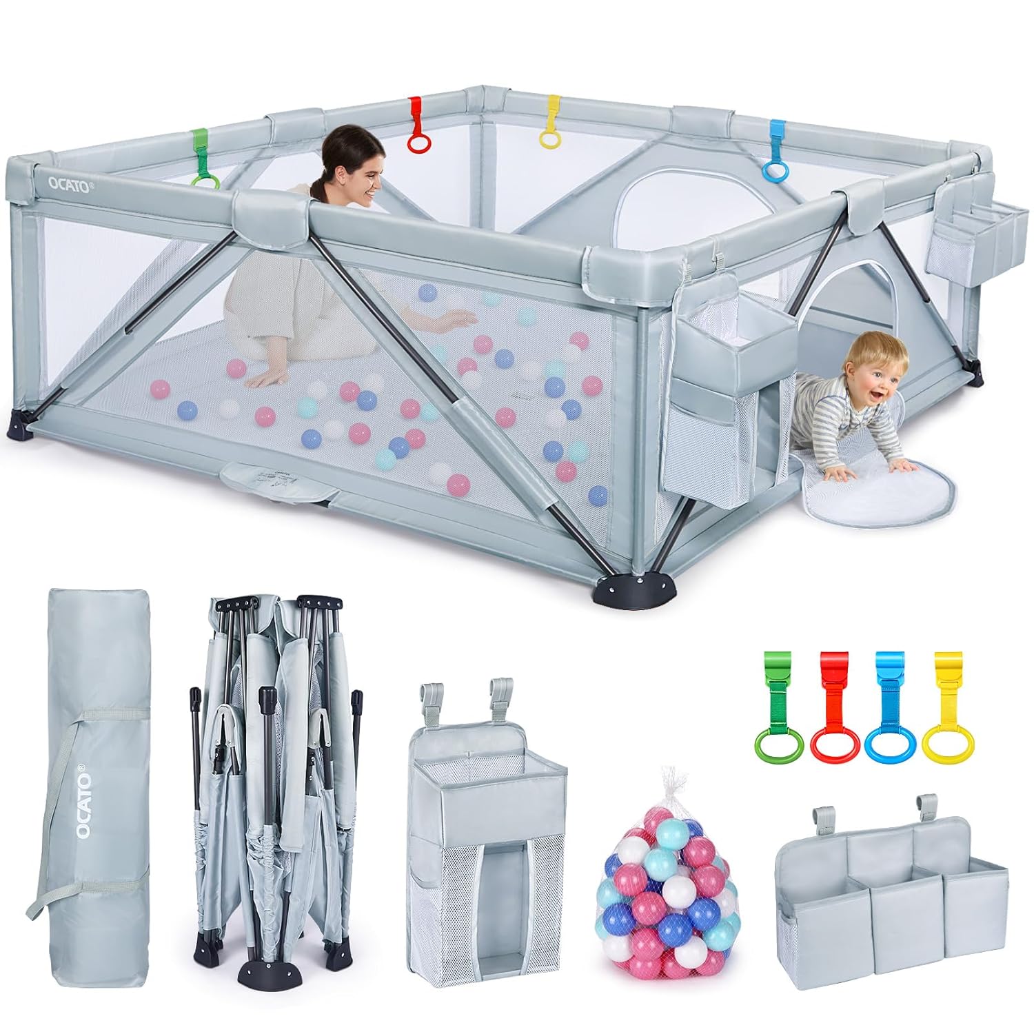 Foldable Large Play Pen with 2 Storage Bags 4 Handlers 50 Balls (71" × 59") C608246