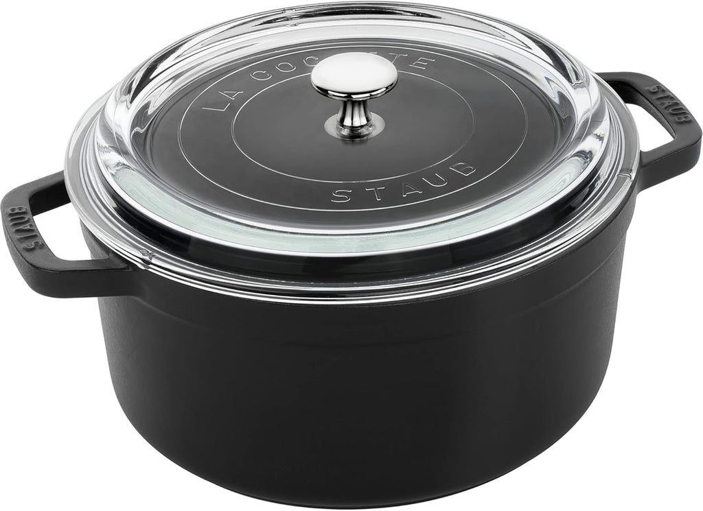 Black Cast Iron Dutch Oven 4-qt Round Cocotte with Glass Lid Y62022
