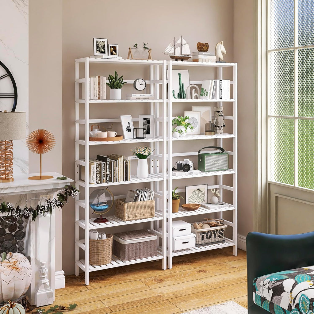 White Freestanding Bamboo Floor Cabinet with Adjustable Shelves and 4 Hooks K869243