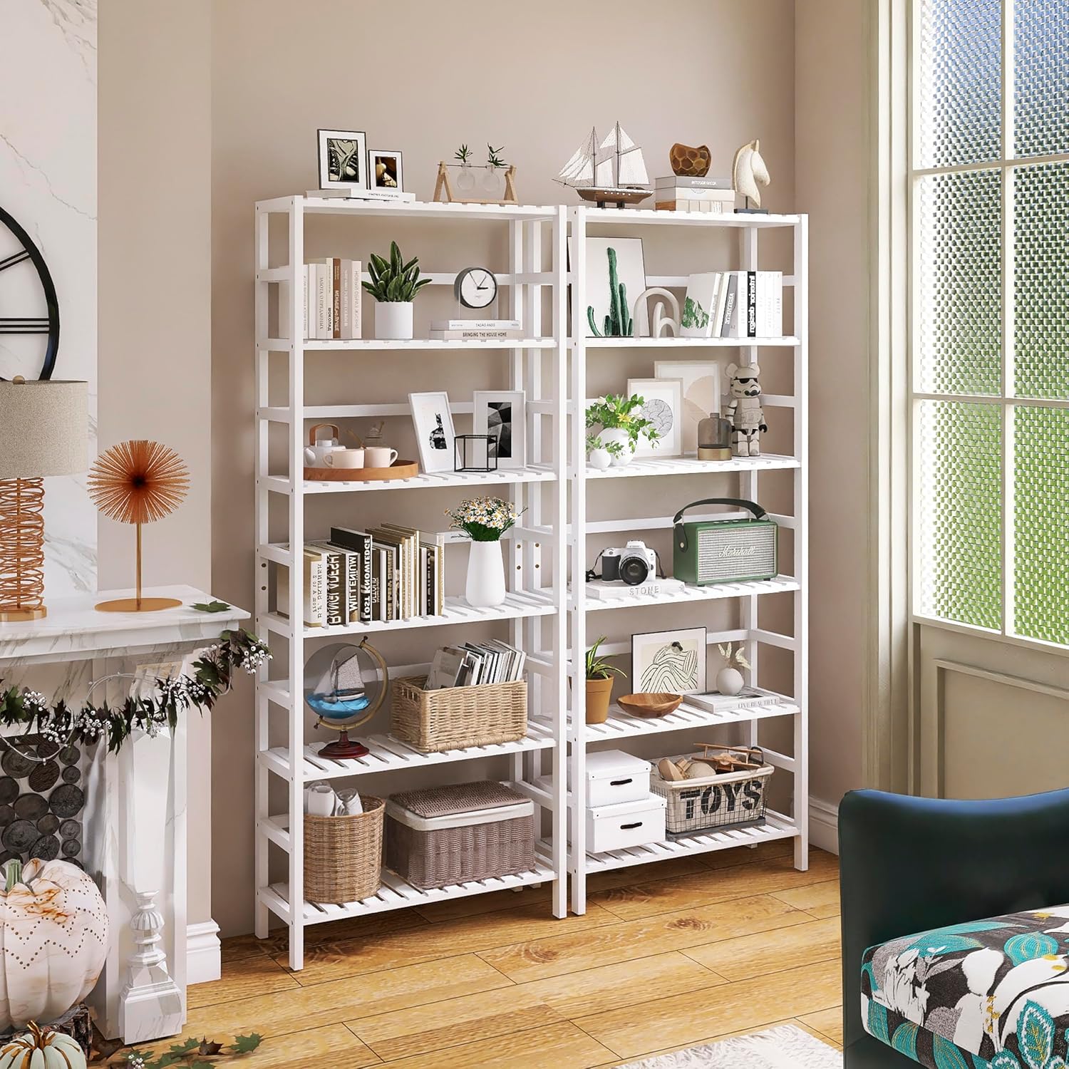 White Freestanding Bamboo Floor Cabinet with Adjustable Shelves and 4 Hooks K869243