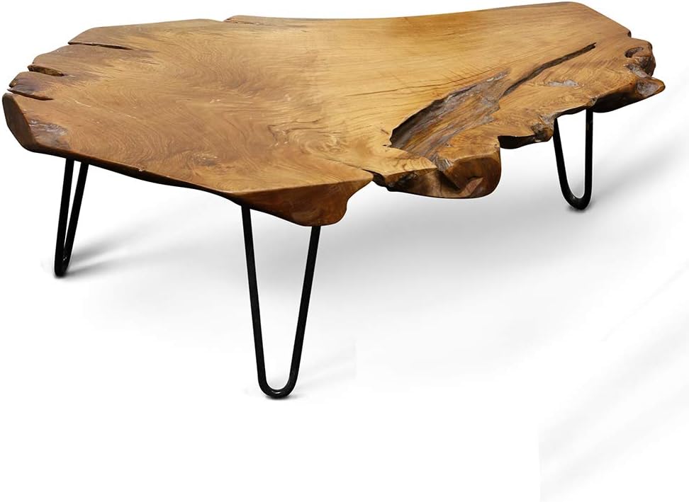 Natural Wood Edge Teak Coffee Table with Clear Lacquer Finish and Metal Hairpin Legs D502538