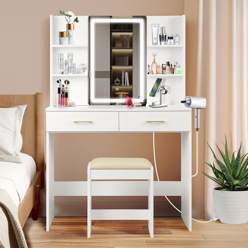 White Vanity Desk with Lighted Mirror and 2 Drawers X135