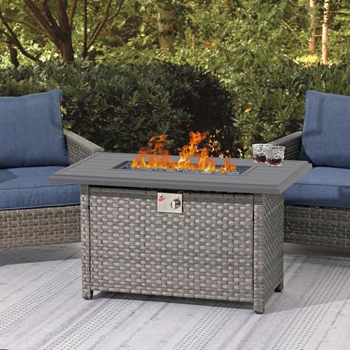 43 Inch Wicker Propane Fire Pit Table with Aluminum Tabletop, Taupe Rattan O7562