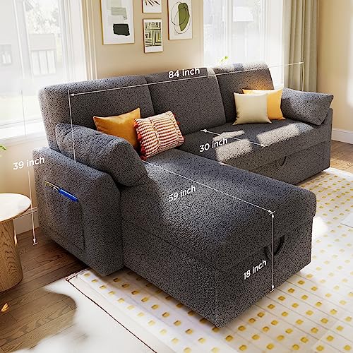 Beige Chenille Sleeper Sofa with Storage Chaise O406487