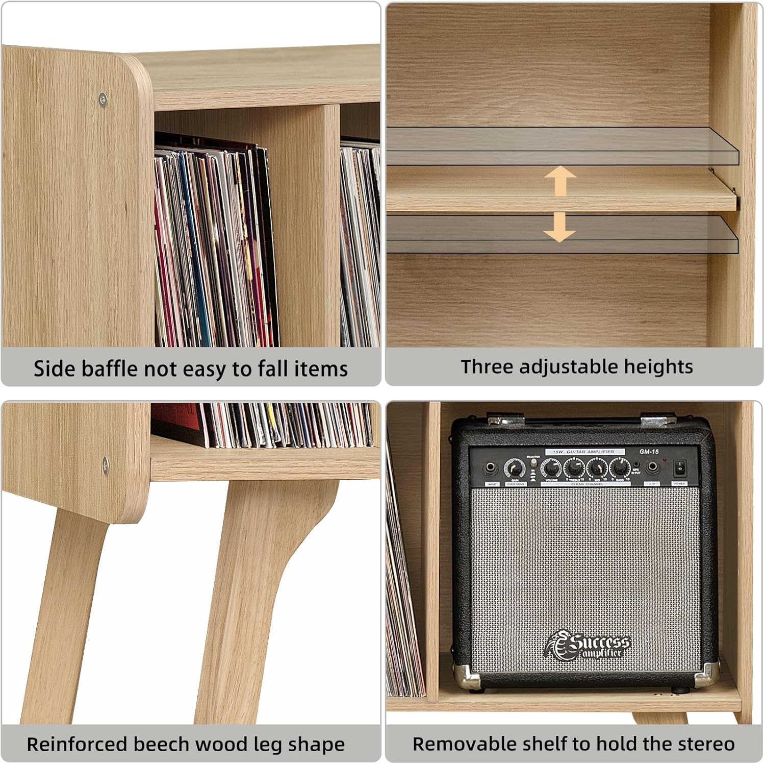 Record Player Stand with 4 Cabinet, Beech Wood Legs, Natural Vinyl Holder Storage Shelf I607278