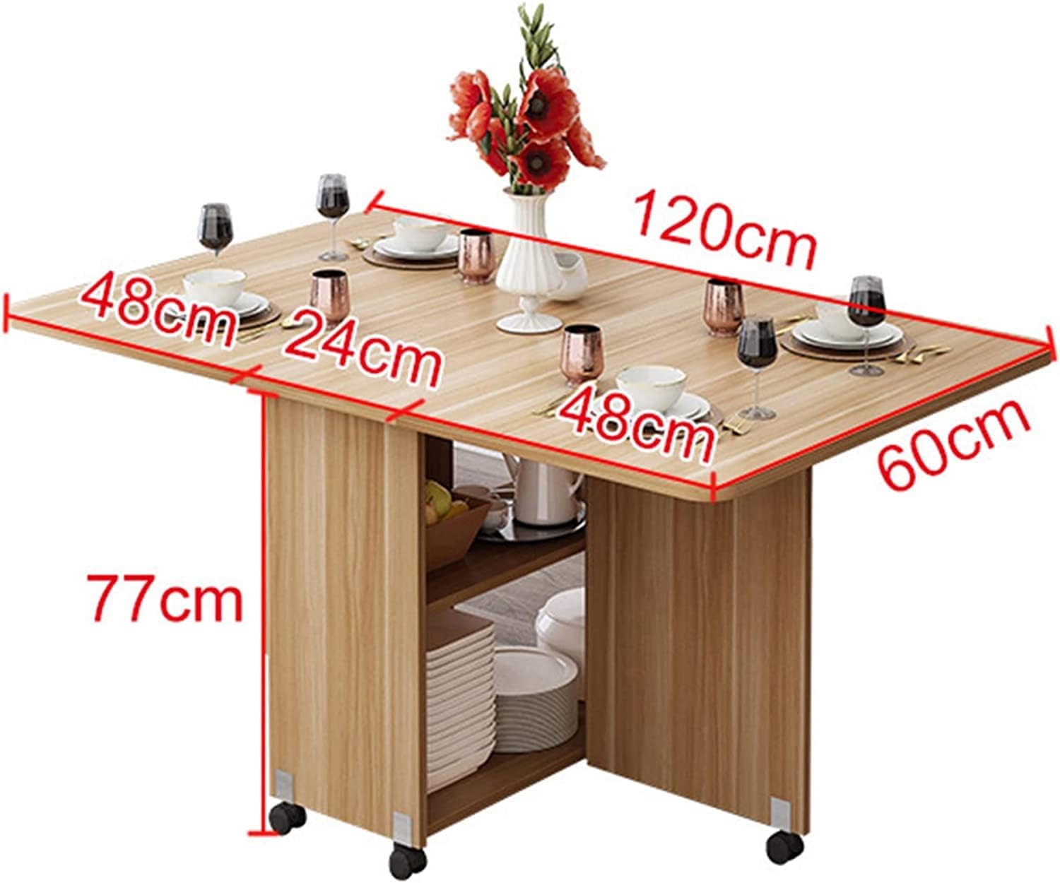 Expandable Rectangle Wood Drop Leaf Dining Table with 6 Wheels H286
