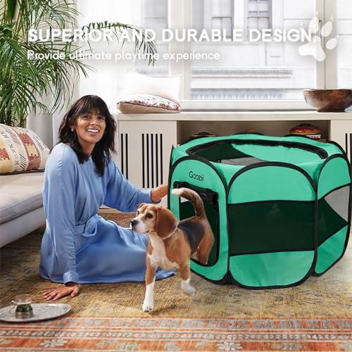 Green Collapsible Dog Playpen with Bottom Roof Cover W13786