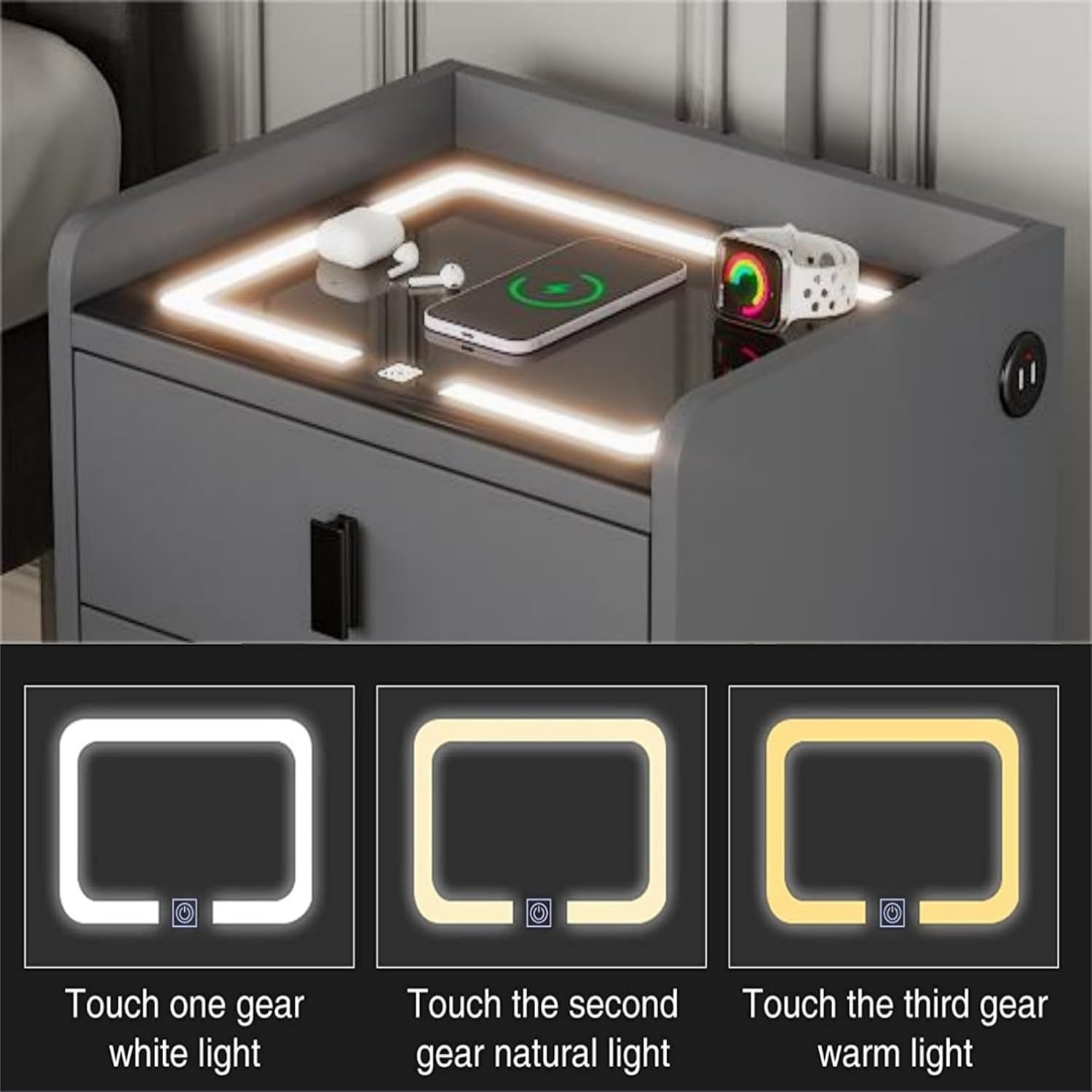 1 Pack Nightstand with Wireless Charging Station and LED Lights Grey W79740