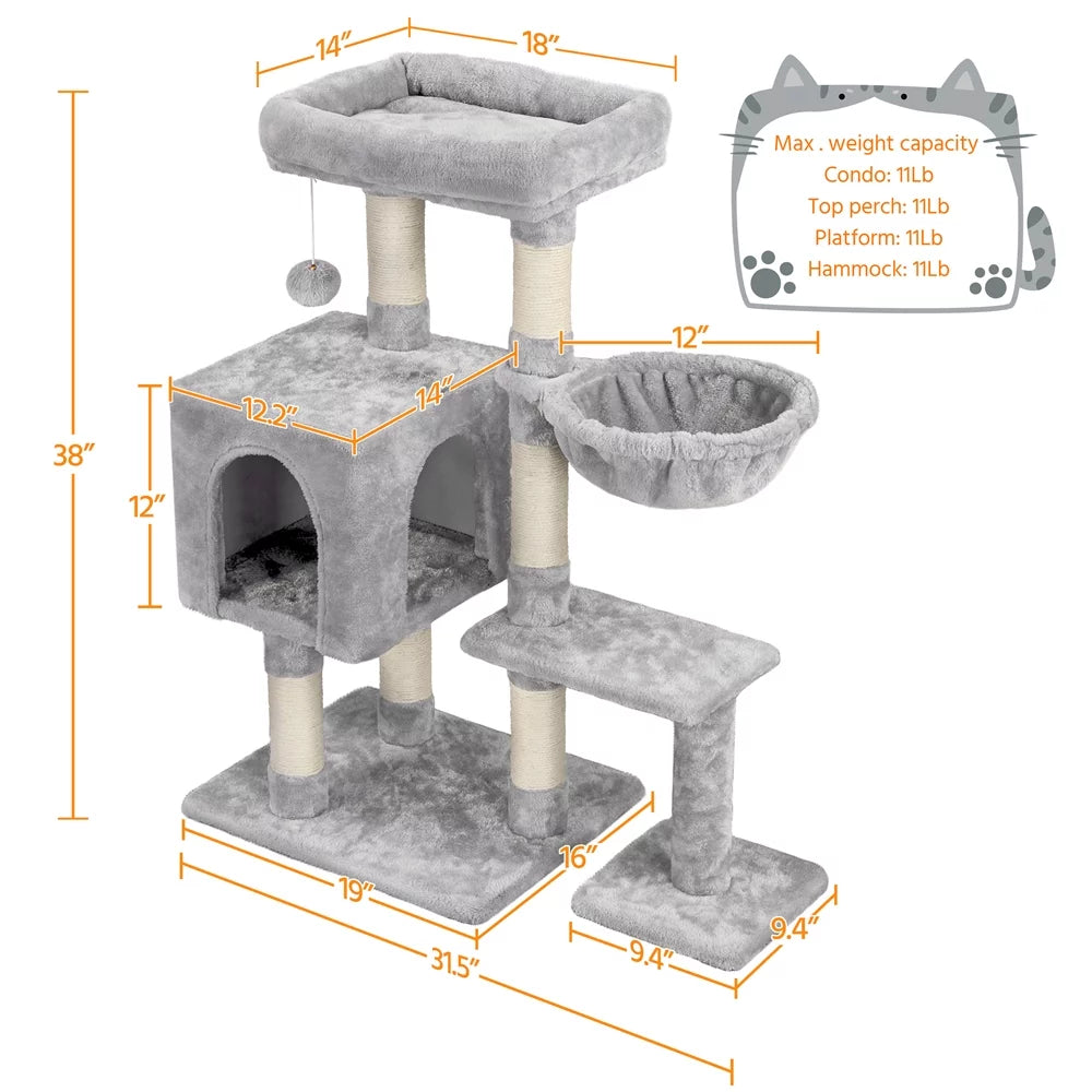 38" Light Gray Cat Tree with Condo Perch Basket Scratchers Y94076